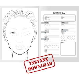 Make-up gezicht grafiek/direct downloaden/afdrukbare sjablonen/make-up oefenblad/make-up klantenblad logboek/make-up gezicht grafiek logboek voor klanten