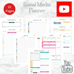 Youtube Social Media Planner/Digital Download/ Printable Content Creation Bundle/ 32 Pages/ Content Creator Planner/ YouTube Planner Sheet