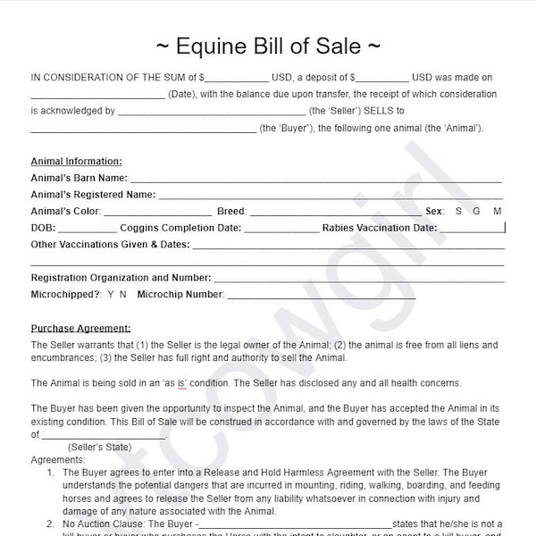 Horse Purchase Agreement V05 - Editable MS Word Doc