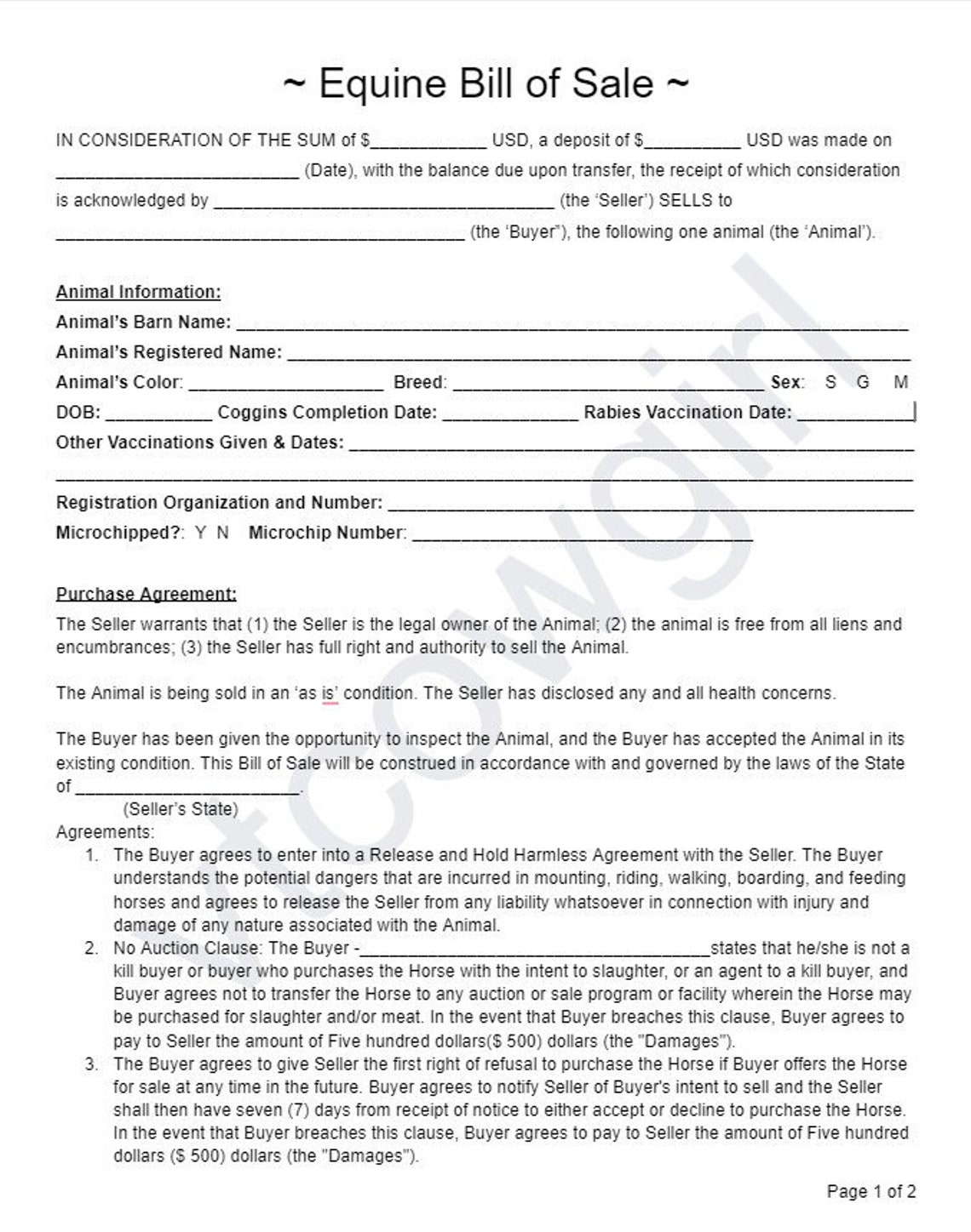 Horse Purchase Agreement Etsy Horse Purchase Agreement Etsy