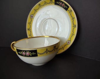 Avenir Limoges Ovington Bros Teacup & Saucer Yellow Black Trim Bow Rose lot 730