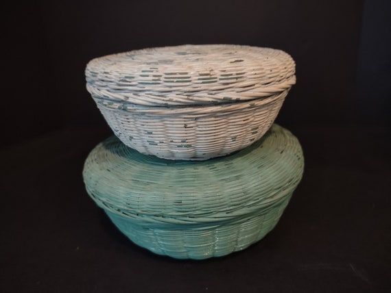 2 x Vintage Wicker Basket Painted Turquoise White Lids Rustic Primitive (1146)