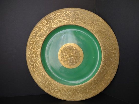 Haviland USA Heavy Ornate Gold Trim Green Dinner Charger Plate 10-7/8" (lot 717) Unique Gift
