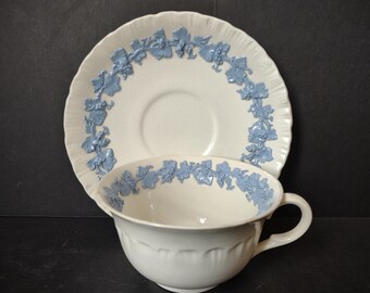 Vintage Wedgwood Embossed Queensware Cream Blue Laurel Cup Saucer Set [6073]