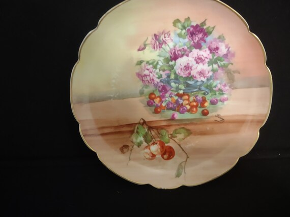 Vintage L.R.L. Limoges France Lancey Collectible Plate Featuring Flowers and Fruit Roses and Cherries # 130
