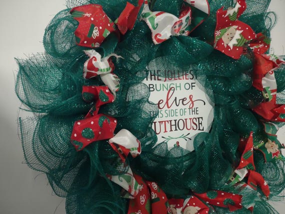 Handmade Christmas Wreath Green Red Ribbon Elf Elves Nuthouse 20" (lot 1293)
