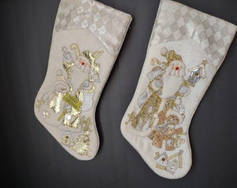 Vintage Pair Off White Gold Silver Santa Christmas Stockings Teddy Bear [4904]