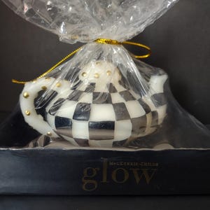 Vintage MacKenzie-Childs Courtly Check Teapot Candle Black White Gold [6305] image 1