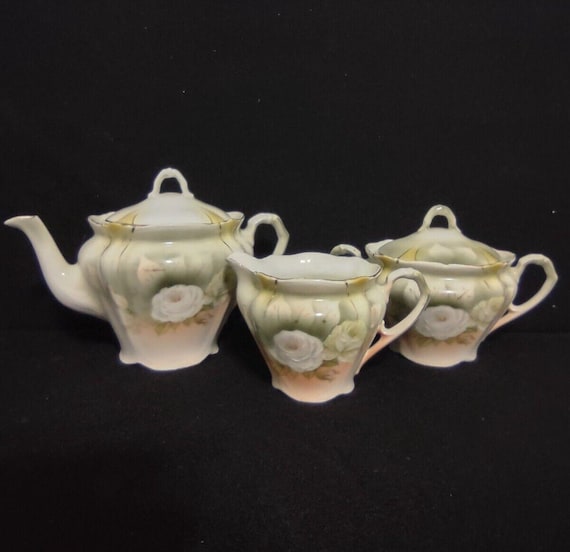Vintage Germany Bavaria Teapot Creamer Sugar Dish White Rose Gold Trim Cream Pastel Color (lot 240)