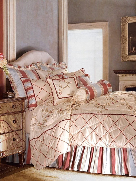 10 Piece Oversized King Duvet Pillow Set Cream & Pink Rose Garden Color Country