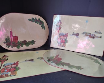 Vintage Christmas Placemats Plastic Double Sided Carolers Holly Nostalgic [1643]