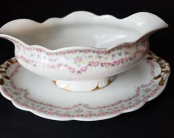 JP France Gravy Boat Gold Trim Double Rose Garland Blue Pink Flower (lot 646)