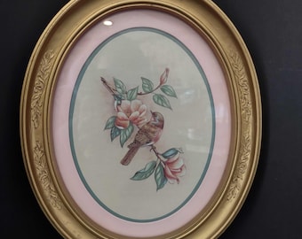 Vintage Homco Home Interiors Oval Bird Flowers Print Picture (lot 2582c)