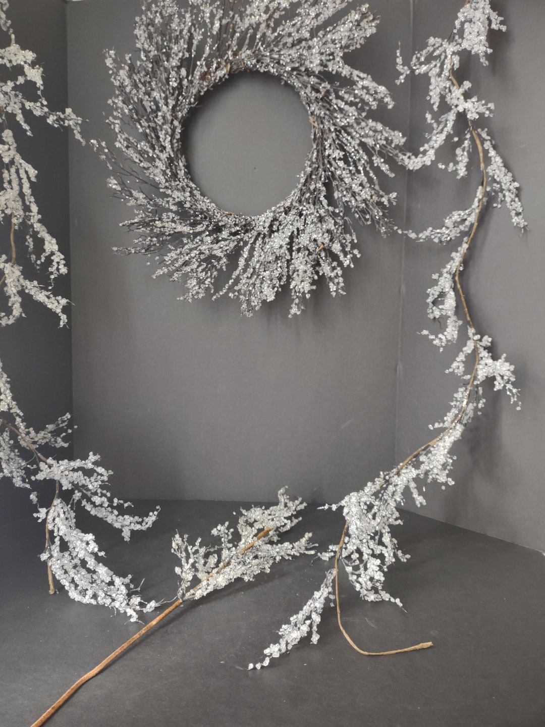 Vintage Christmas Set 2 X Garland Wreath Twig Iced Sparkly Etsy