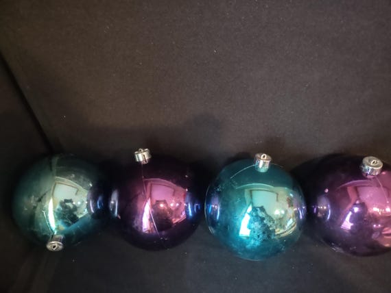 Set of 4 Christmas Ornaments Ball Blue Purple 6" IMPERFECT (lot 1572)