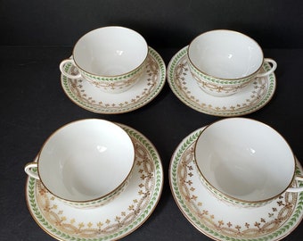 JP Limoges France Gold Trim Green Laurel 4 x Teacup & Saucer (583)