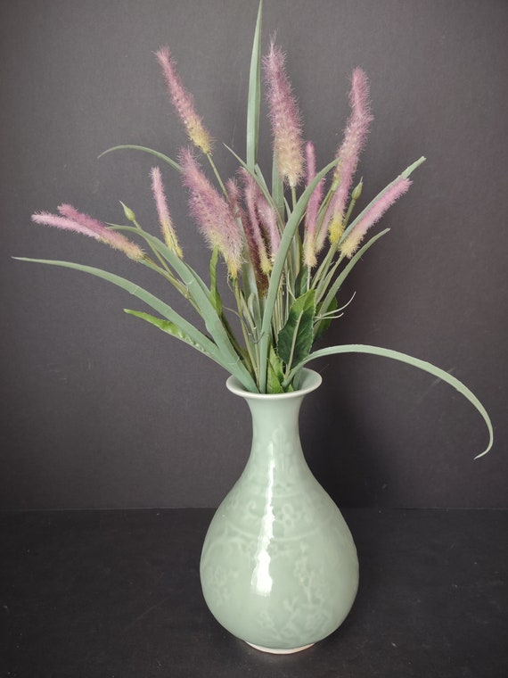 Vintage Celadon Green Glase Japan Vase Artificial Grass Flower Decor H