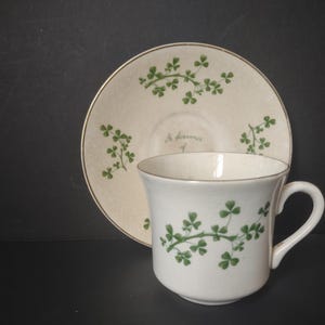 Vintage Arklow Pottery Shamrock Cup Saucer Ireland Souvenir Green CRAZING [6630]