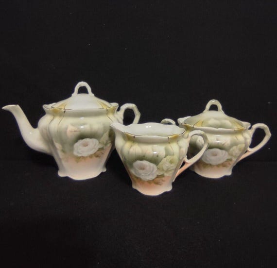 Vintage Bavaria Teapot Creamer Sugar Dish White Rose Gold Trim (lot 240)