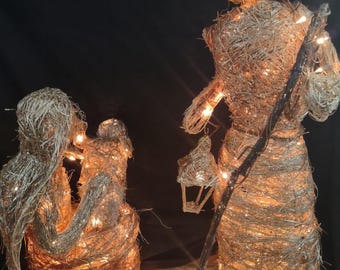 Vintage Lighted Grapevine Twig Nativity Set Mary Joseph Baby Jesus Decor [4686]