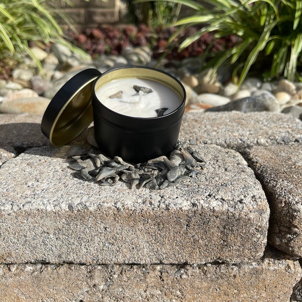 5 oz Handmade Shark Tooth Candle | Hand Poured Soy Wax Candle| Real Shark Teeth| Scented Candle