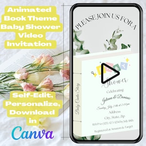 Buch Thema Baby Shower Invite, animierte digitale Einladung, DIY, Instant Download Template