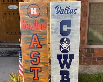 Wooden porch sign, two-sided, Dallas Cowboys, Houston Astros, Houston Texans, NFL, MLB sports teams, gifts