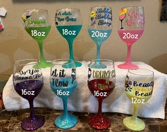 Disney Princess Inspired Glittered Wine Glasses / Perfect Bridesmaids Gifts