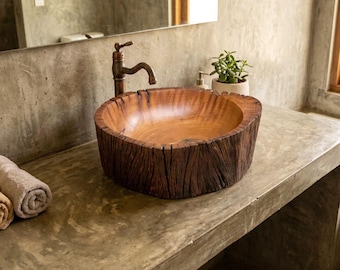 Lavabo de madera reciclada hecho a mano, lavabo rústico natural para baño