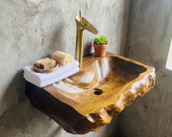 Mueble de lavabo rústico de madera natural, hecho a mano, con grifo incluido.