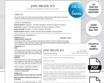 May include: A resume template for a registered nurse with a professional headshot, a list of skills, and a section for work experience. The resume is titled "Jane Miller, RN" and includes the text "Critical Care Nurse".