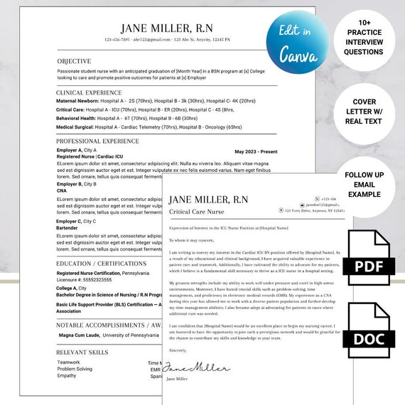 Student Nurse⎢New Graduate Nurse Resume Template ⎢ ATS Cover Letter ⎢ Nurse Interview Prep and Example Answers ⎢ Follow-up Email Template