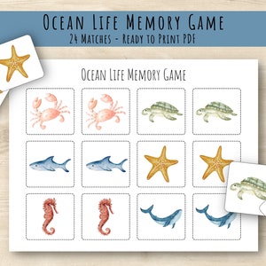 Ocean Printable Memory Game | Pre-School Printable Game | Homeschool Printable | Ocean Life Activity | Matching Game | Early Learning Games
