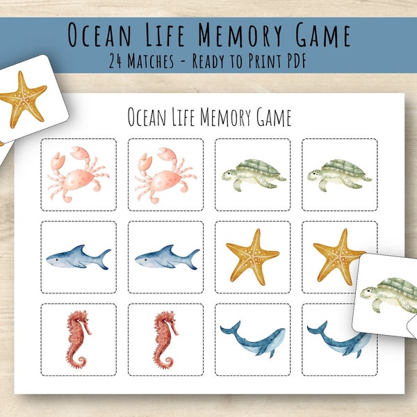 Ozean Memory-Spiel zum Ausdrucken | Druckbares Vorschulspiel | Homeschool Printable | Ocean Life Aktivität | Passendes Spiel | Frühe Lernspiele