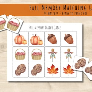 May include: A printable autumn memory matching game with 24 matches. The game features images of pumpkins, acorns, scarecrows, pinecones, and maple leaves. The game is ready to print as a PDF.