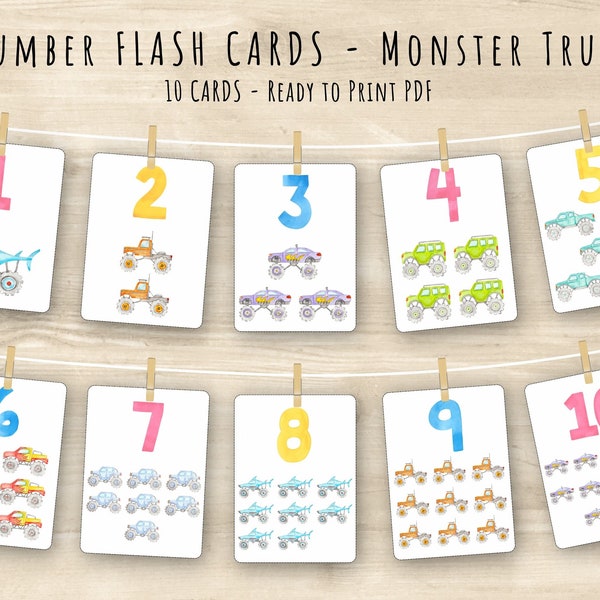 Monster Truck Number and Counting Flash Cards | Monster Truck Activity | Pre-School Printables | Homeschool Printables | Early Learning