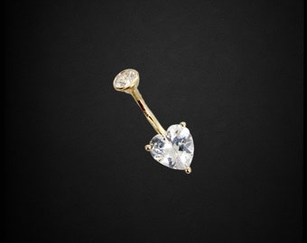 Heart Belly Button Ring 14k Solid Yellow Gold with CZ Stones 14g