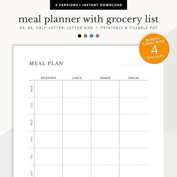 Weekly Meal Planner, Meal Prep Planner, Grocery List, Food Schedule, Fillable & Printable, Planner Inserts, A4/A5/Letter/Half Size