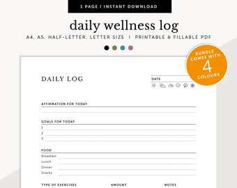 Daily Wellness Log, Daily Food and Exercise Journal, Daily Health Planner, Fillable & Printable Planner Inserts, A4/A5/Letter/Half Size