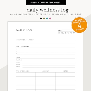 Daily Wellness Log, Daily Food and Exercise Journal, Daily Health Planner, Fillable & Printable Planner Inserts, A4/A5/Letter/Half Size