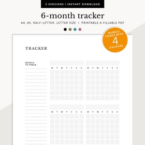 Rastreador de hábitos de 6 meses, Rastreador de rutinas, Rastreador de calendario, Tareas mensuales, Planificador imprimible y rellenable, A4/A5/Carta/Tamaño medio