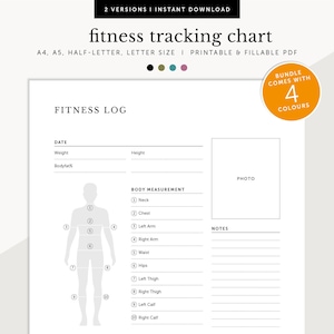 Fitness Tracking Chart, Body Measurement Tracker, Fitness Log, Workout Journal, Fillable & Printable Fitness Tracker, A4/A5/Letter/Half Size