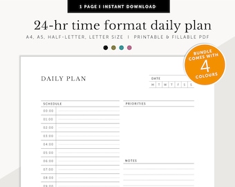 24 Hour Daily Planner, 24-hour Time Format Daily Schedule, ADHD Daily Planner, Fillable & Printable Planner, A4/A5/Letter/Half Size