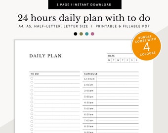 24 Hour Daily Planner with To Do List, 24hrs Daily Schedule, ADHD Daily Planner, To Do, Fillable & Printable Planner, A4/A5/Letter/Half Size