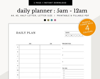 May include: A black and white daily planner printable with the text "daily planner: 5am - 12am" at the top. The planner is divided into sections for date, priorities, to do, and notes. The planner is designed to be printed and used for daily planning.