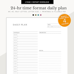 Planificador diario de 24 horas, formato de horario diario de 24 horas, planificador diario de TDAH, planificador rellenable e imprimible, tamaño A4/A5/carta/medio