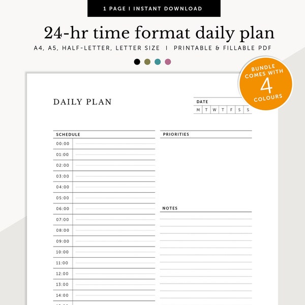 24 Hour Daily Planner, 24-hour Time Format Daily Schedule, ADHD Daily Planner, Fillable & Printable Planner, A4/A5/Letter/Half Size