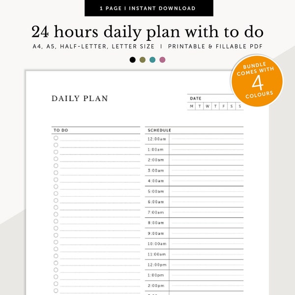 24 Hour Daily Planner with To Do List, 24hrs Daily Schedule, ADHD Daily Planner, To Do, Fillable & Printable Planner, A4/A5/Letter/Half Size