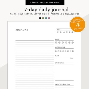 Diario, Agenda diaria, Notas diarias de 7 días, Rastreador de estado de ánimo diario, Plan diario, Insertos de planificador para rellenar e imprimir, A4/A5/Carta/Tamaño medio
