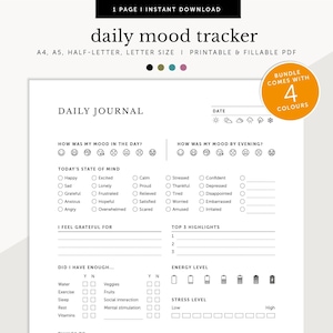 Daily Mood Journal, Mood Tracker, Mental Health Planner, ADHD Daily Journal, Fillable & Printable Planner, A4/A5/Letter/Half Size image 1